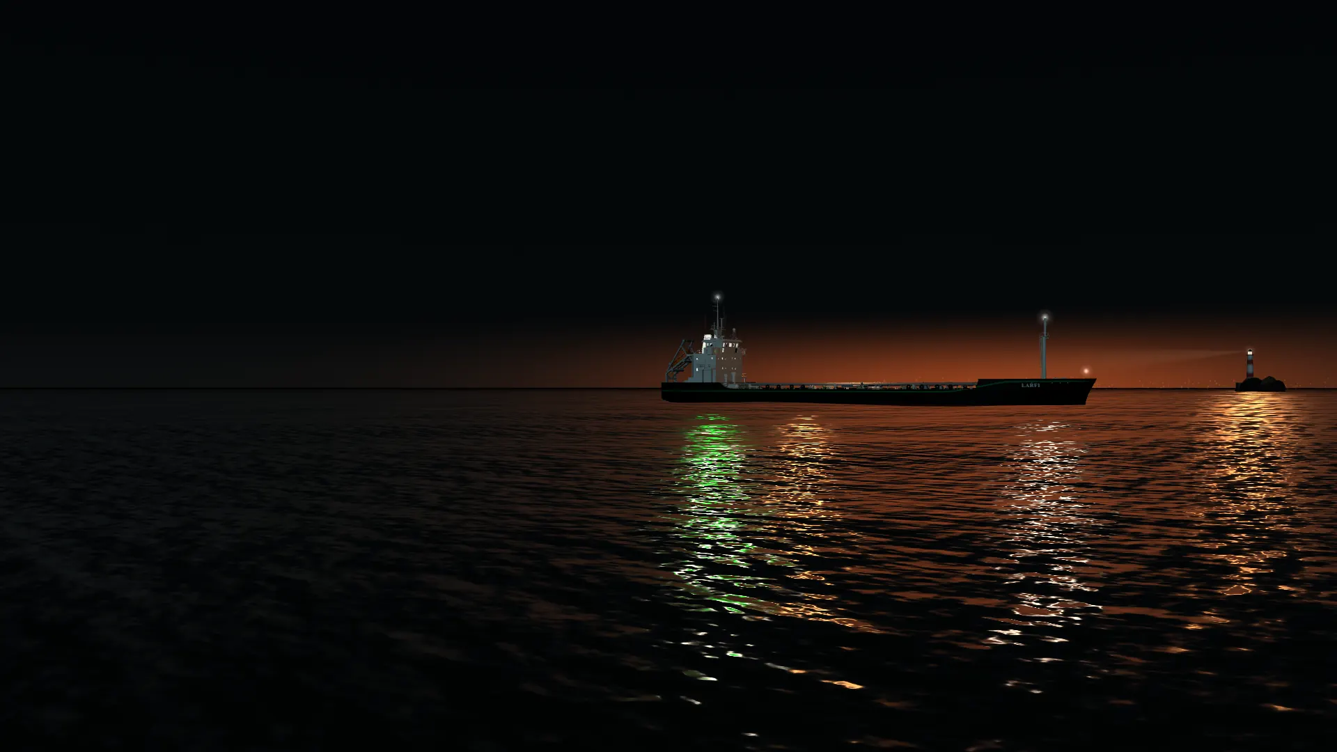 A LARFI product tanker at anchor at blue hour, a lighthouse on the horizon
