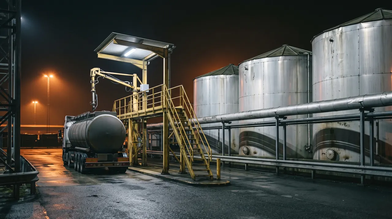 Insulated bitumen tanks and a tank truck at the loading gantry at night