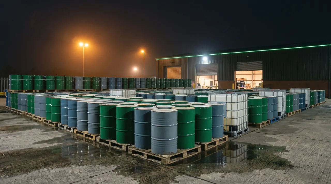 Drums and IBC totes of lubricants on pallets at a depot at night