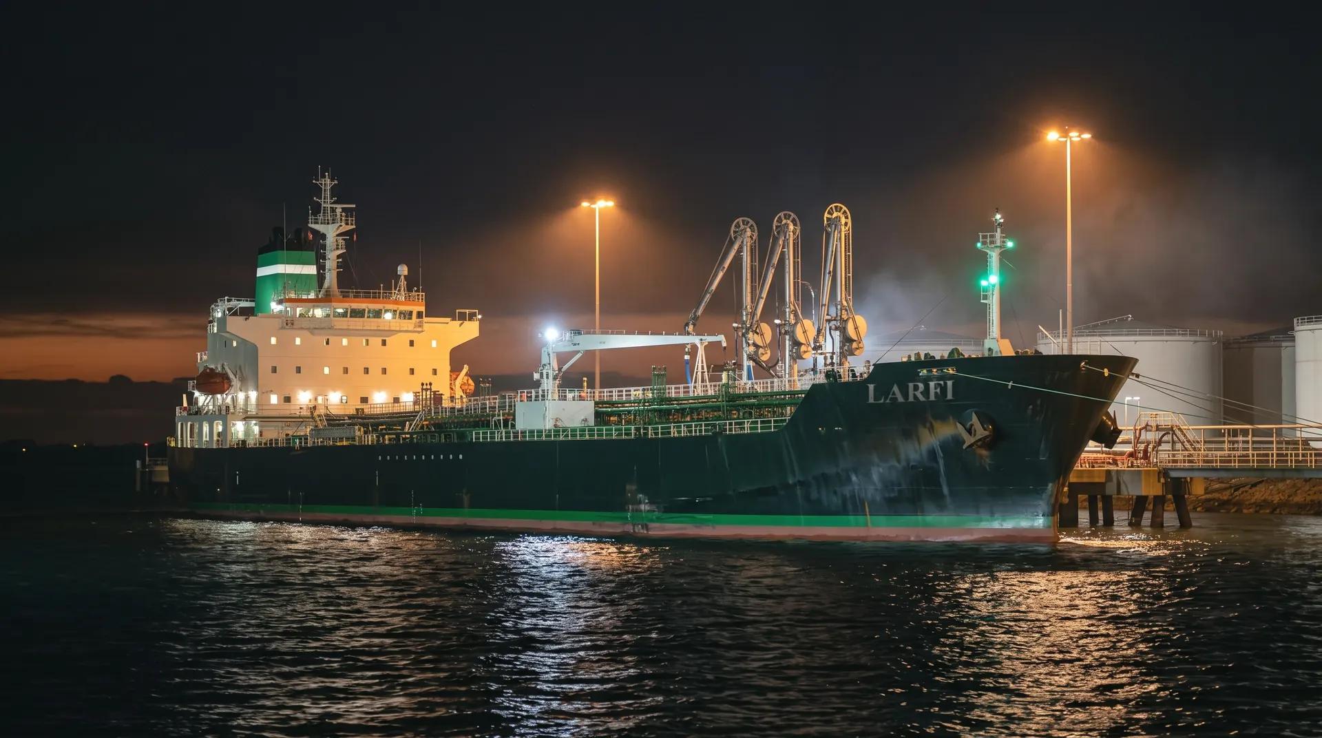 A tanker alongside a loading terminal at night, loading arms connected
